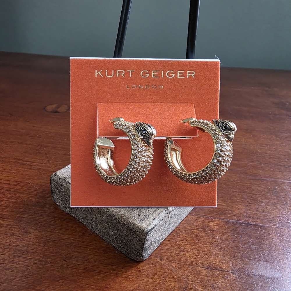 Kurt Geiger London Eagle Crystal Hoop Earrings Gold Tone NWT